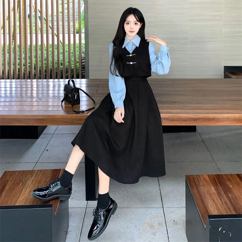 French Retro College Style Fake Two Piece Dress for Female Students Korean Version Loose Splicing Waist Slimming A-line Skirt