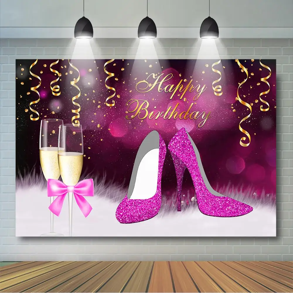 Mocsicka Purple Birthday Backdrop Women High Heel Champagne Birthday Selfie Background Ladys Birthday Party Decor Banner