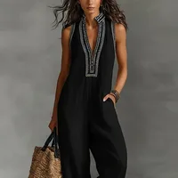 Sexy Deep V Neck Hollow Women's Jumpsuits Vintage Printed High Waist Slim Office Romper Spring Summer Sleeveless Pocket Overalls 4