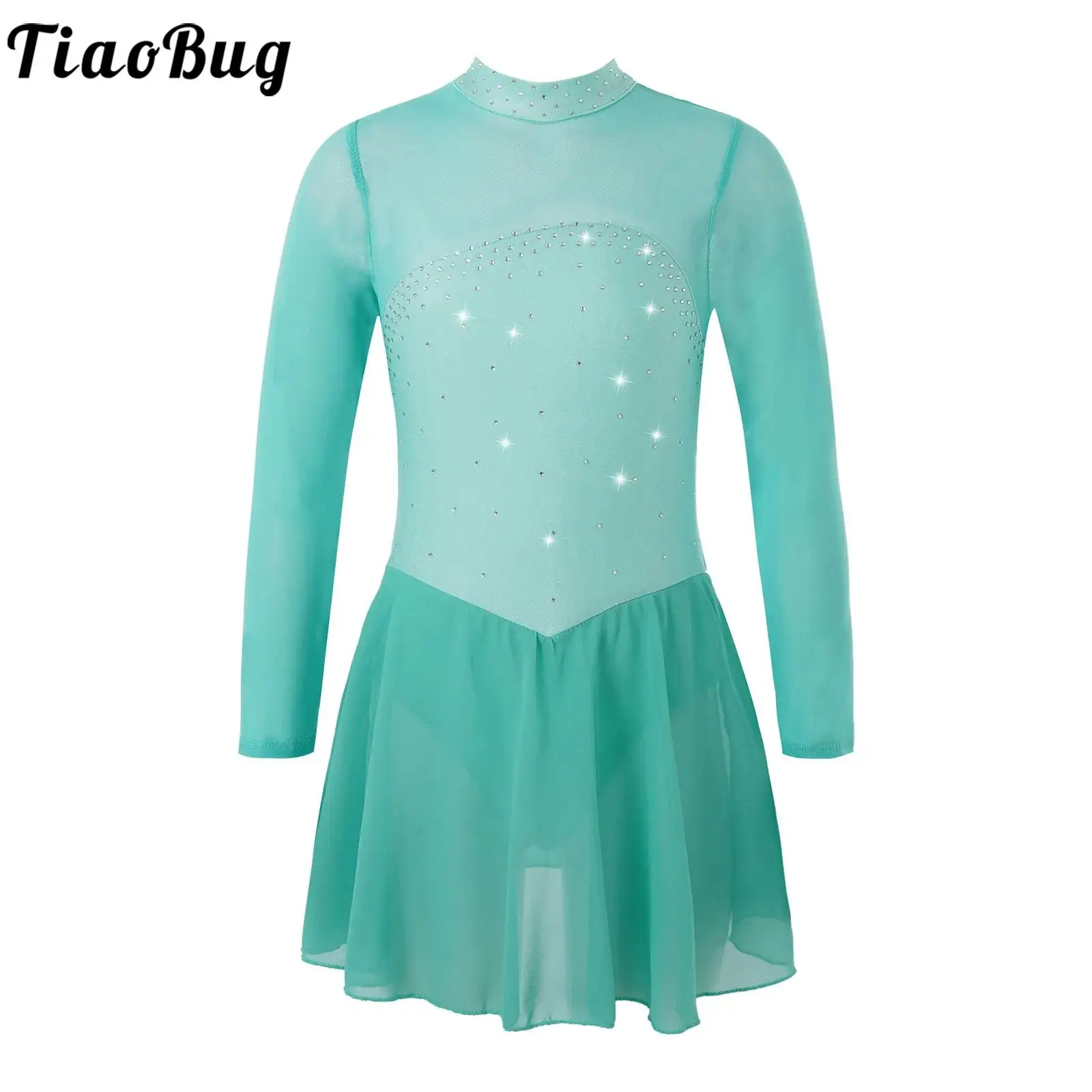 

Kid Girls Rhinestone Figure Skating Leotard Dress Mesh Long Sleeve Modern Lyrical Dance Ballet Rhythmic Gymnastics Dancewear