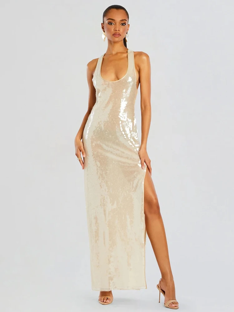 

Nude Half Transparent Sequins Long Dress Hollow Out Open Back Sleeveless Fashion High Waist Bodycon Party Evening Gowns