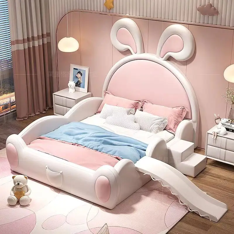 Pink Rabbit-Ear Slide Bed Solid Wood Light Luxury Girls Princess Bedroom Furniture