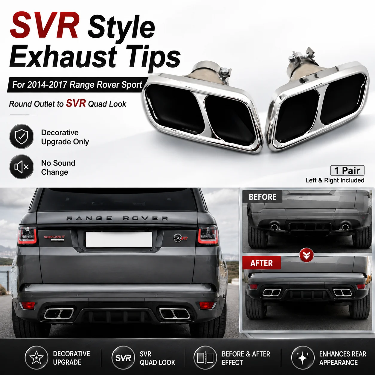 Embouts d'échappement quadruples style SVR pour Range Rover Sport L494 2014-2017, en acier inoxydable, embout de silencieux carré, amélioration de l'échappement