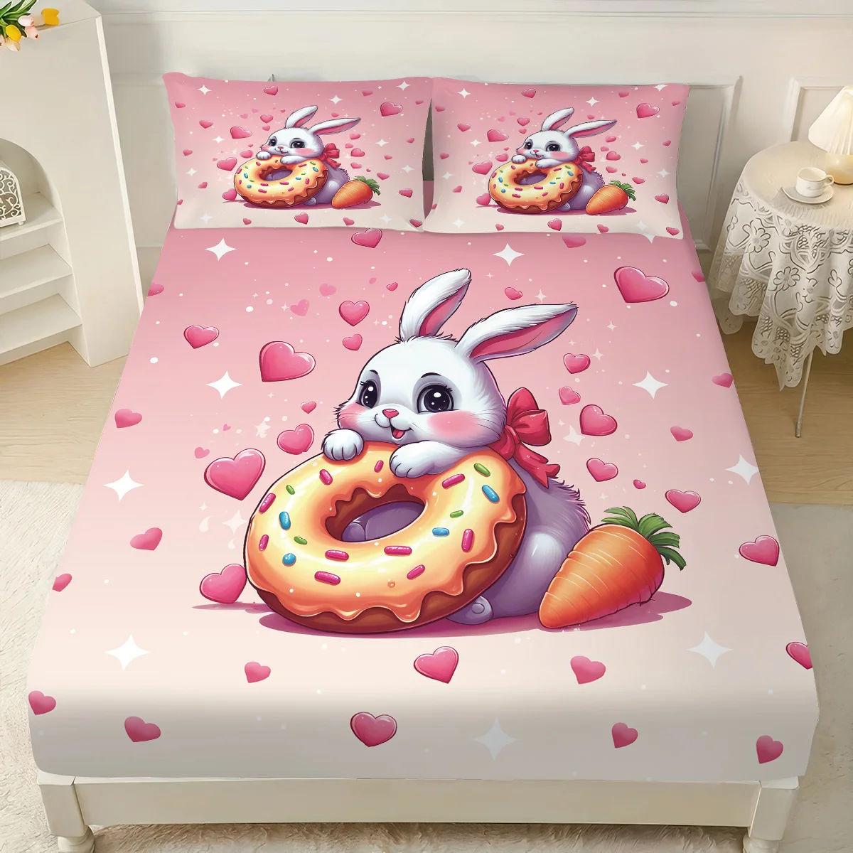 3 قطع من ملاءات السرير بدون شرائح مطبوعة على شكل أرنب لطيف، متعددة الحجم، غطاء سرير ناعم لغرفة النوم، قابل للغسل في الغسالة