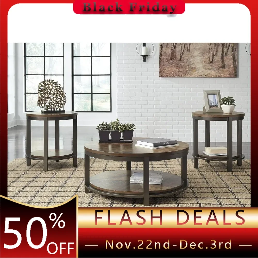 Includes 1 Coffee Table and 2 End Tables With Fixed Shelf Roybeck Rustic Round 3-Piece Table Set Furniture Light Brown Mesas