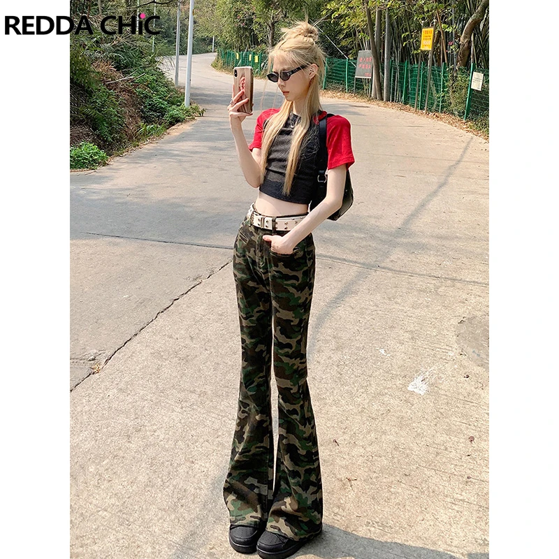 

ReddaChic Camouflage Print Denim Bootcut Pants Women Grunge Y2k Washed High Rise Slim Flare Jeans Vintage Harajuku Streetwear