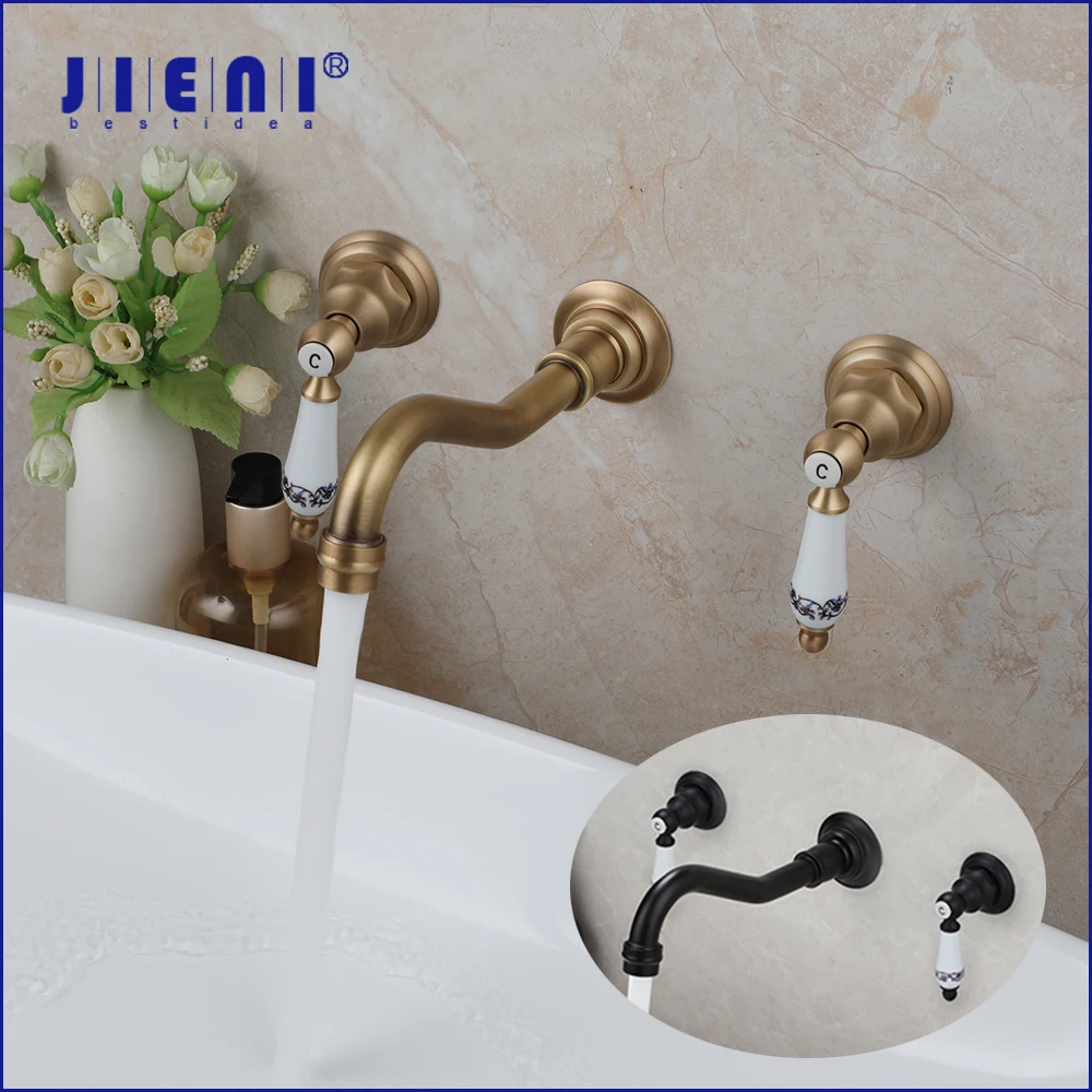 

JIENI Bathroom Antique Brass/Matte Black Bathtub Faucet Ceramic Dual Handle Wall Mounted Stream Outlet Hot Cold Water Mixer Taps