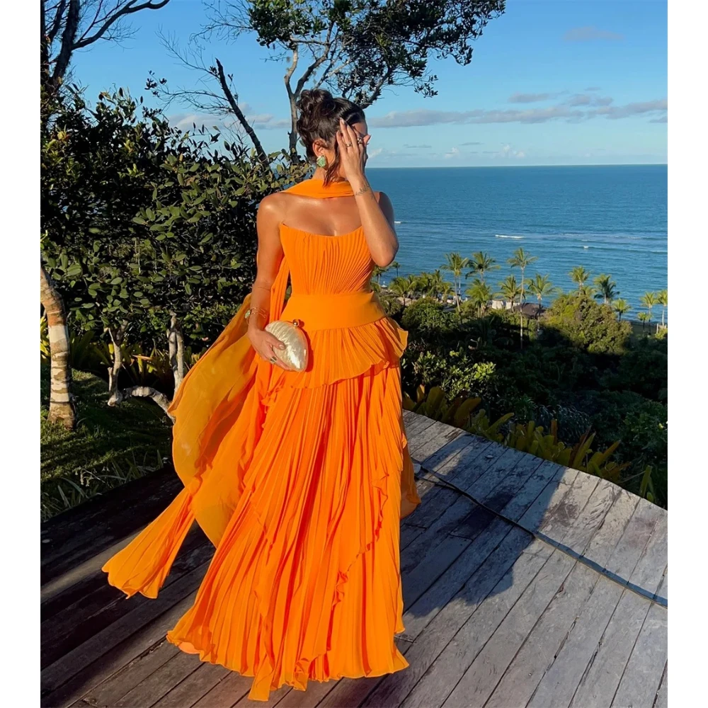 Orange Prom Dress Customized Strapless Draped Chiffon A-line Evening Dresses with Scarf Backless Floor Length Party Gowns image 6