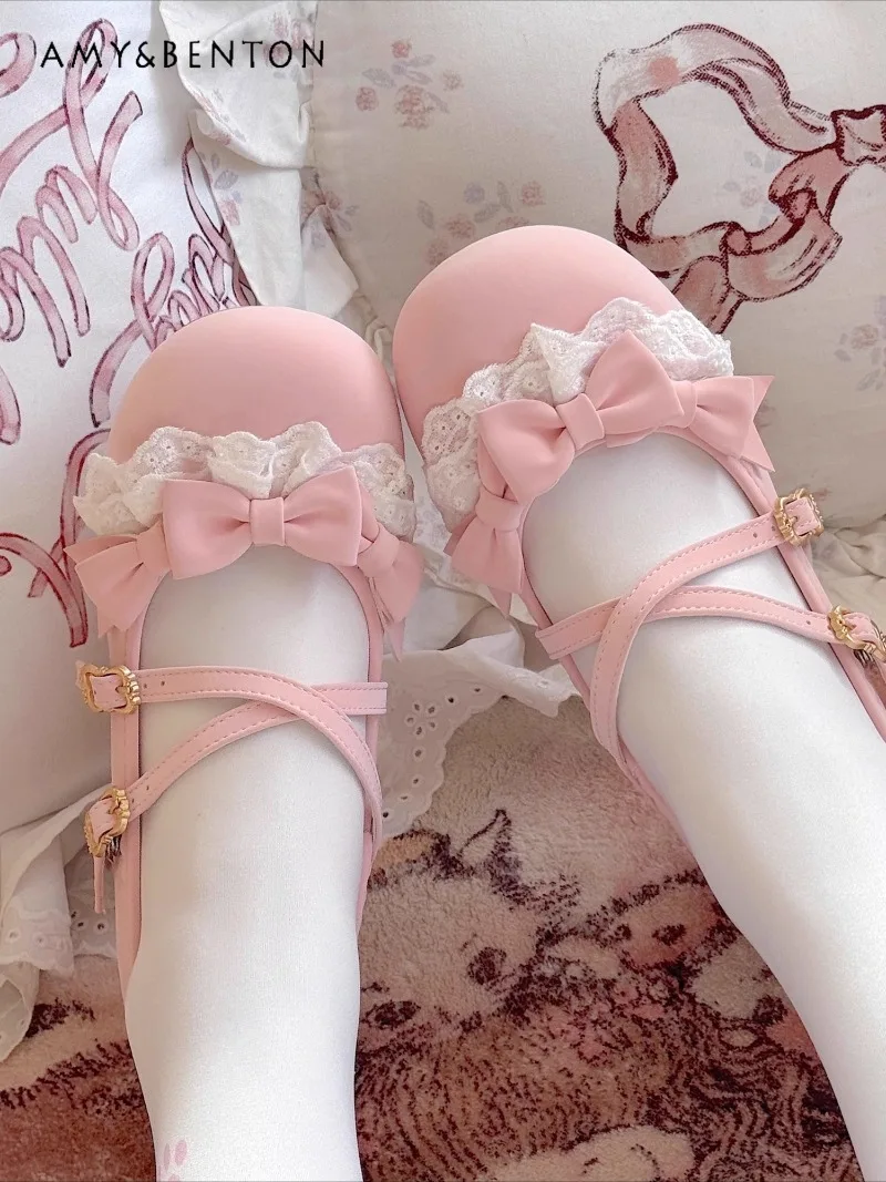 

Милые элегантные женские туфли Лолита с круглым носком, туфли Мэри Джейн, кавайные туфли с бантом и кружевом в стиле пэчворк, японские туфли JK на высоком каблуке с перекрестной завязкой