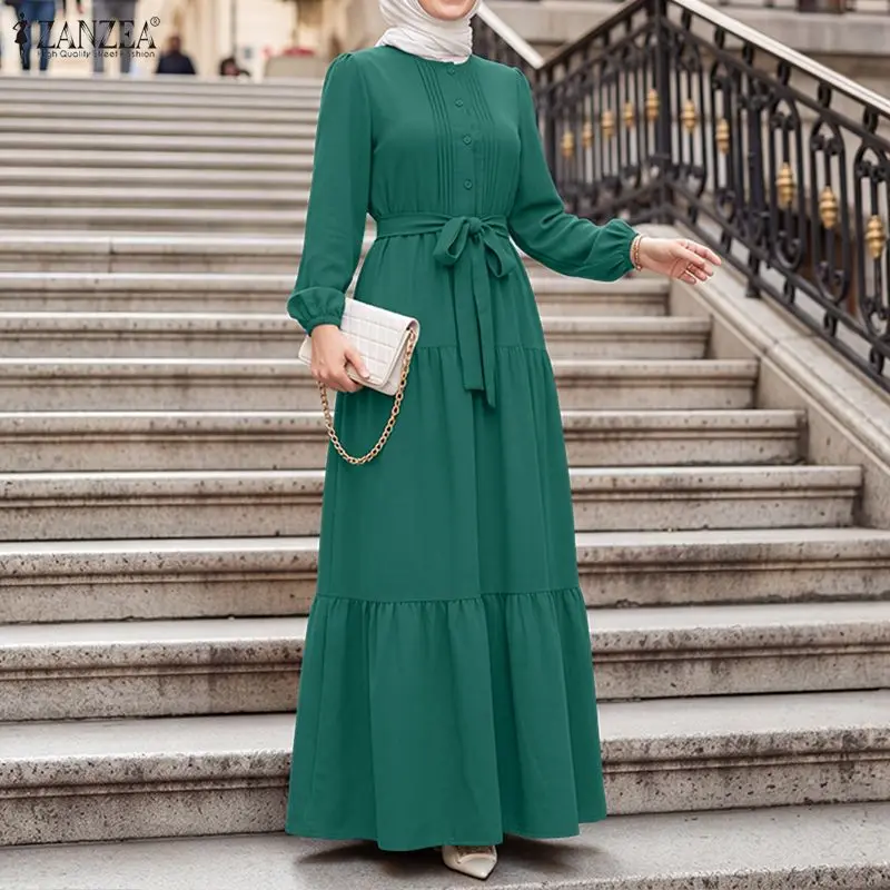 ZANZEA Elegant Muslim Abaya Dress Women O Neck Long Sleeve Pleated Sundress Maxi Robe Casual Kaftan Stylish Party Dress Ramadan