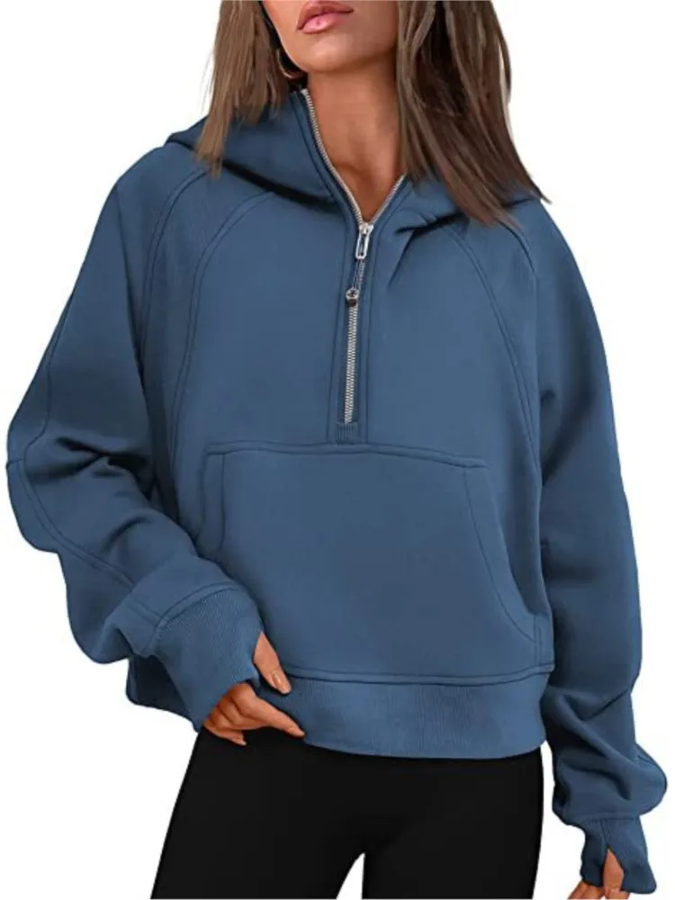 2025 Women's Solid Hoodies Autumn Half-open Zip Up Pocket Loose Hoodie Fashion Sportswear Clothing Hooded Tops Casual Sweatshirt