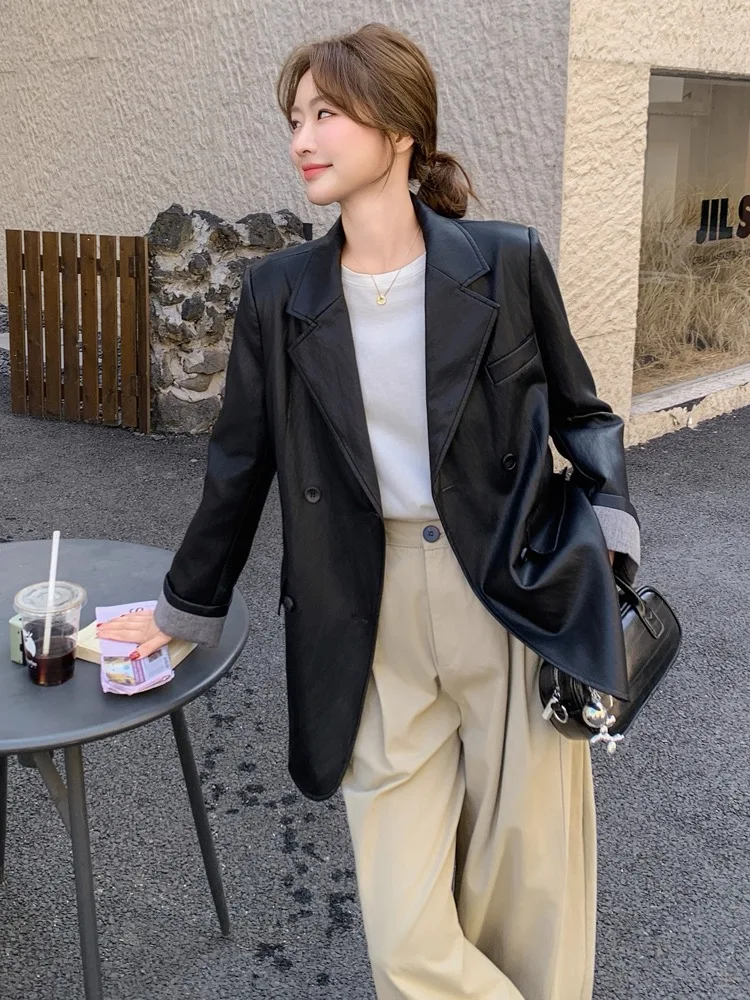 

Женский кожаный костюм Bla Design Sense: Новинка 2025 года, весенний, в корейском винтажном стиле, маленький размер, повседневный, свободный крой