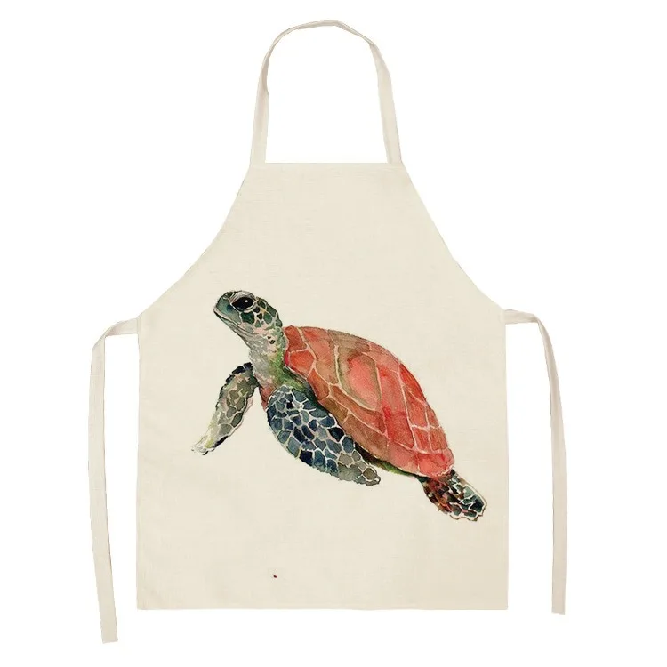 Creative sea animal turtle print pattern sleeveless apron home cleaning bib kitchen cooking linen oil-proof apron