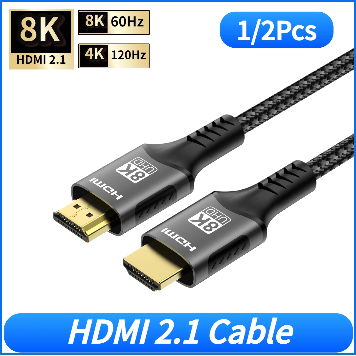 1/2Pcs 8K HDMI 2.1 Cable 48Gbps Ultra High Speed 8K@60Hz/4K@120Hz eARC HDR10+ Compatible with PS5 Xbox Series X/S Samsung LG TV