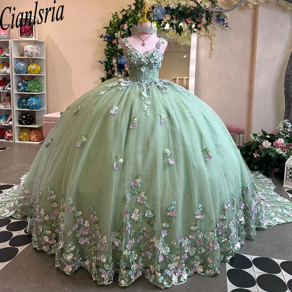 Sage Green Quinceanera Dress With 3D Flowers Appliques Beading Corset Sweet 15 Vestidos De Quinceañera Custom Made