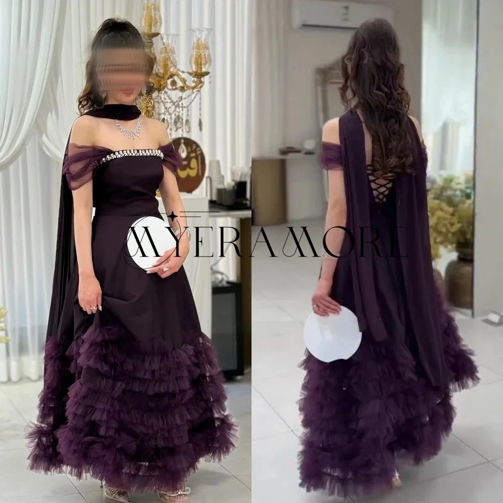Exquisite Purple Beaded Evening Dress Tulle Off the shoulder A-Line Tiered Ruffle Birthday Party Prom Gown Customized