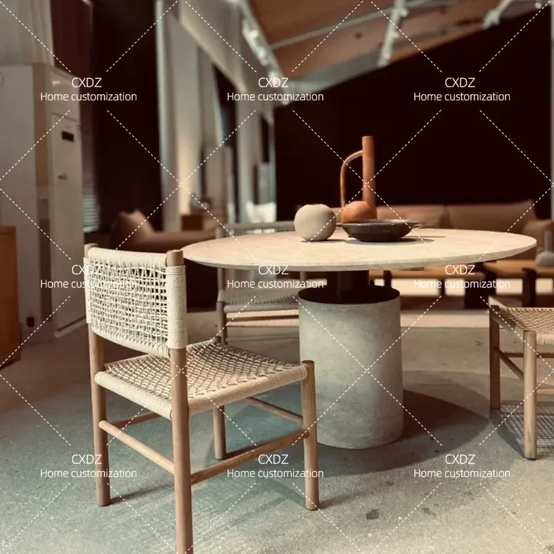 Wabi Sandy Wind Natural Travertine Round Dining Table Light Luxury Villa Home Premium Dining Table