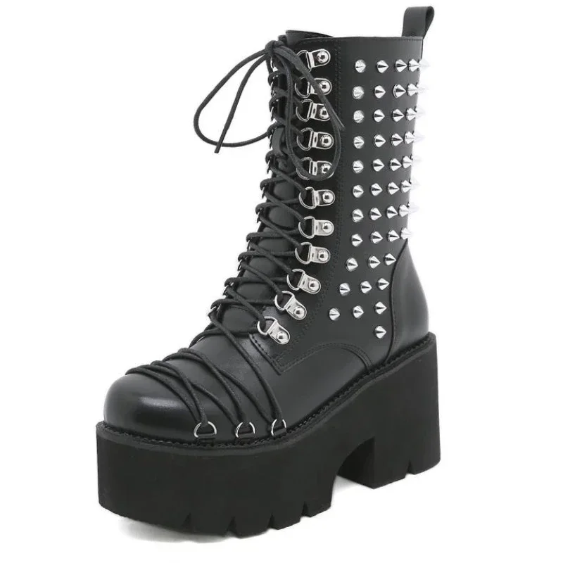8CM New Handmade Women Motorcycle Punk Boots Mori Girl Lady Lolita Boots Woman High Top Boots Platform Fahion Rivets Goth Dark