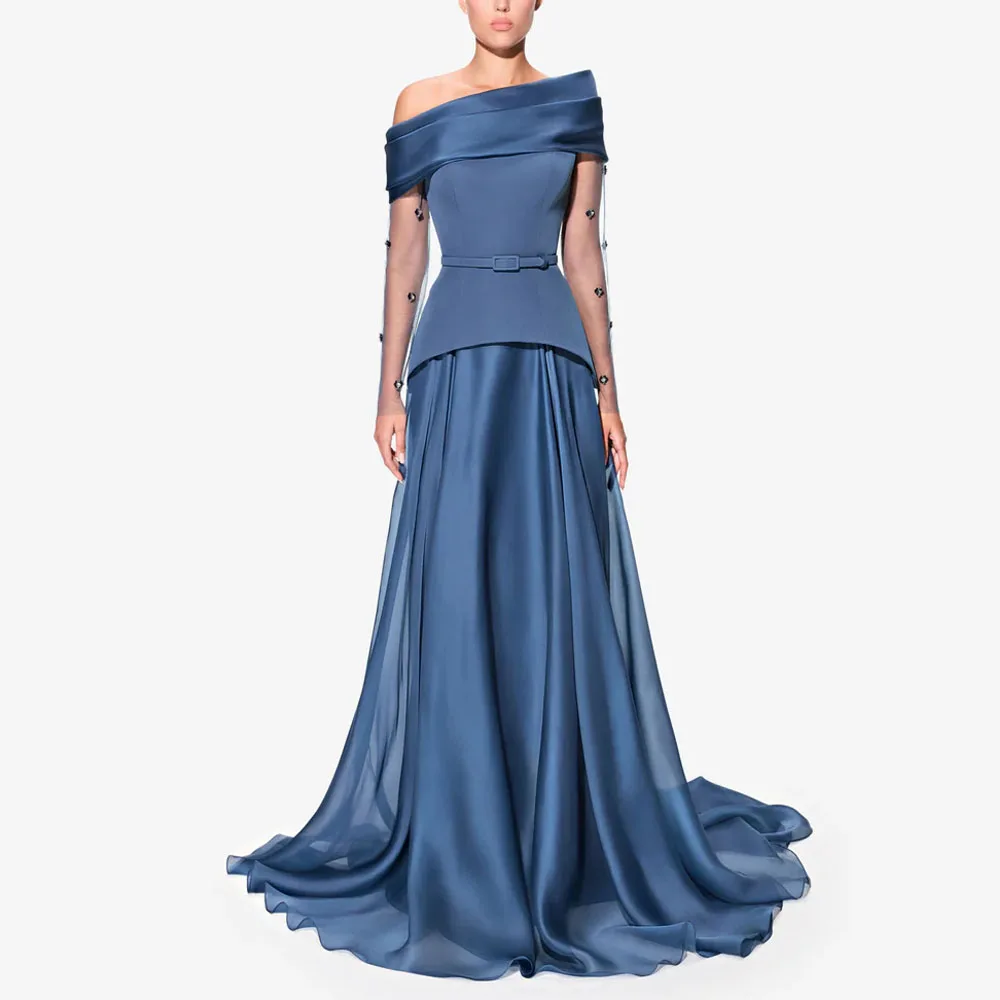 

Customized Portrait Off the Shoulder Evening Dresses See Through Sleeves Formal Evening Gown with Belt Dusty Blue vestido