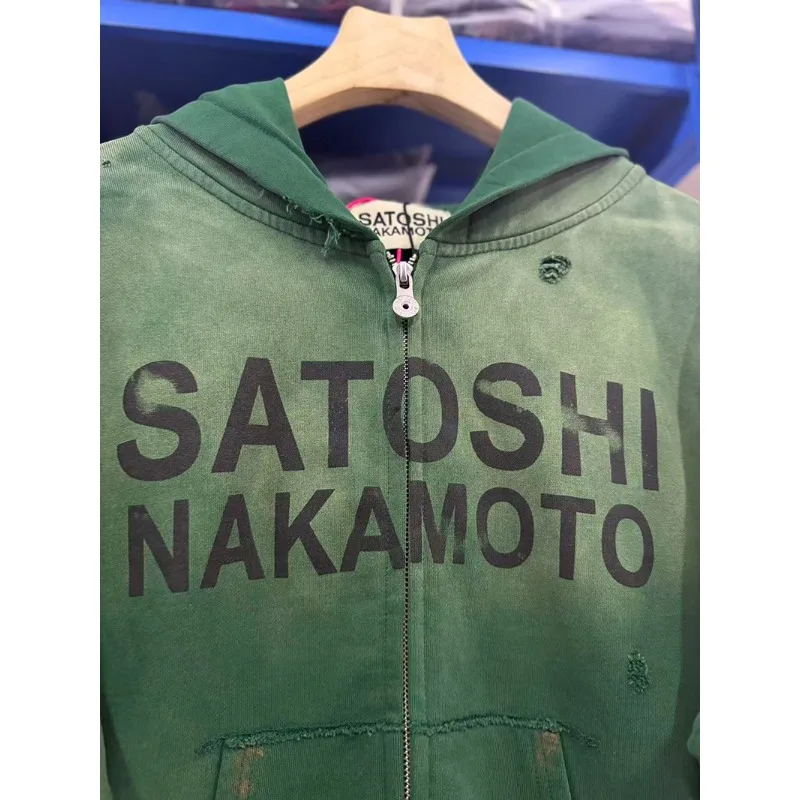 New SATOSHI NAKAMOTO Unisex Graphic Zip Up Hoodie Green Washed Ripped Splatter Paint Letter Print Casual Hooded Jacket
