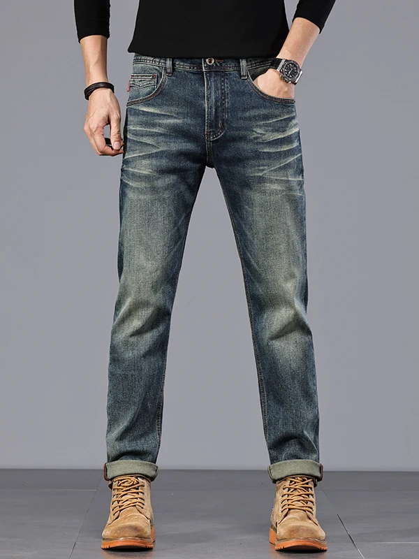 

Мужские джинсы прямого кроя класса люкс, свободного покроя, со средней посадкой, длинные брюки, осенне-зимняя новинка, стиль американского ретро, трендовый бренд