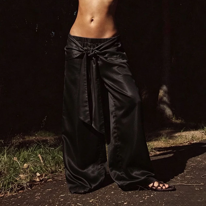 Bohemian Loose Elastic Waist Trousers 2026 Autumn Fashion Solid Color Wide Leg Pants Chic Strap Hot Gold Satin Outdoor Date Daks