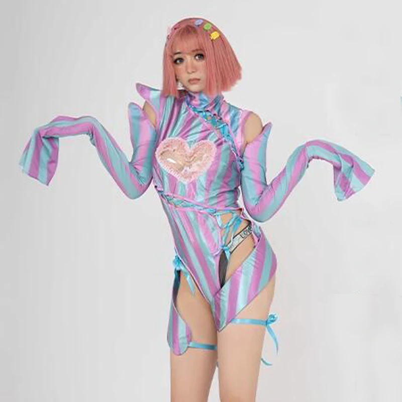 

Sexy Gogo Dancer Costume Pink And Blue Striped Bodysuit Women Festival Outfit Cosplay Nightclub DJ Ds Stage Rave Clothes XS6616