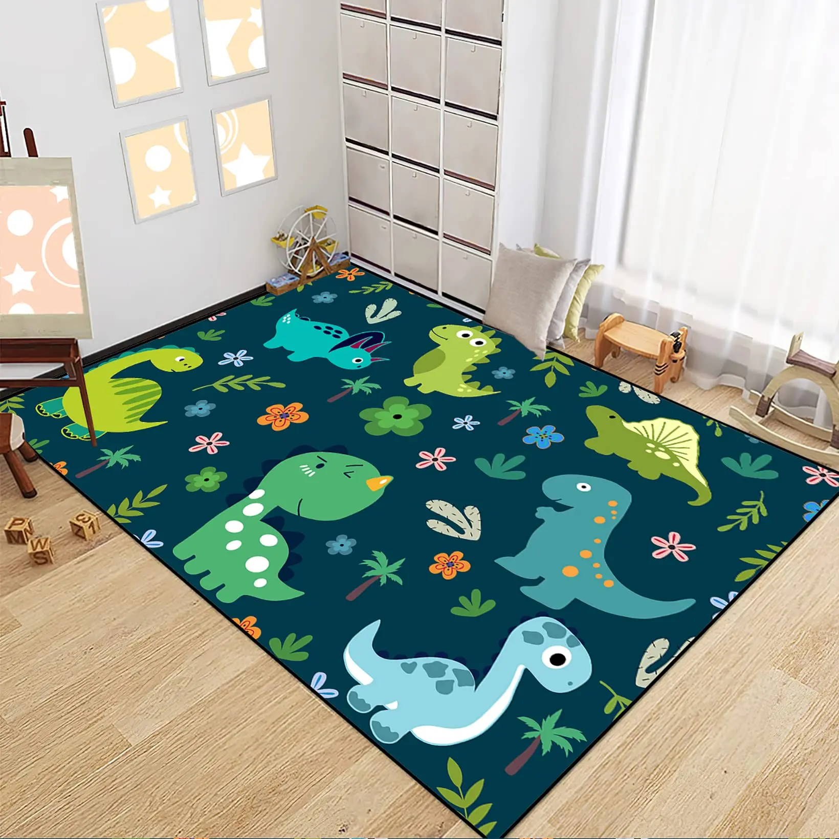 Dinosaur Theme Kids Play Carpet Boys Bedroom Rugs Cute Cartoon Dinosaur Decor Kids Area Rug Non-Slip Washable Playroom Rugs