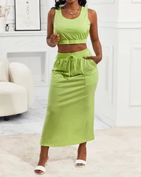 2-Piece Set Women Clothes Sleeveless O Neck Tank Top Cami High Waist Long Skirt Solid Color