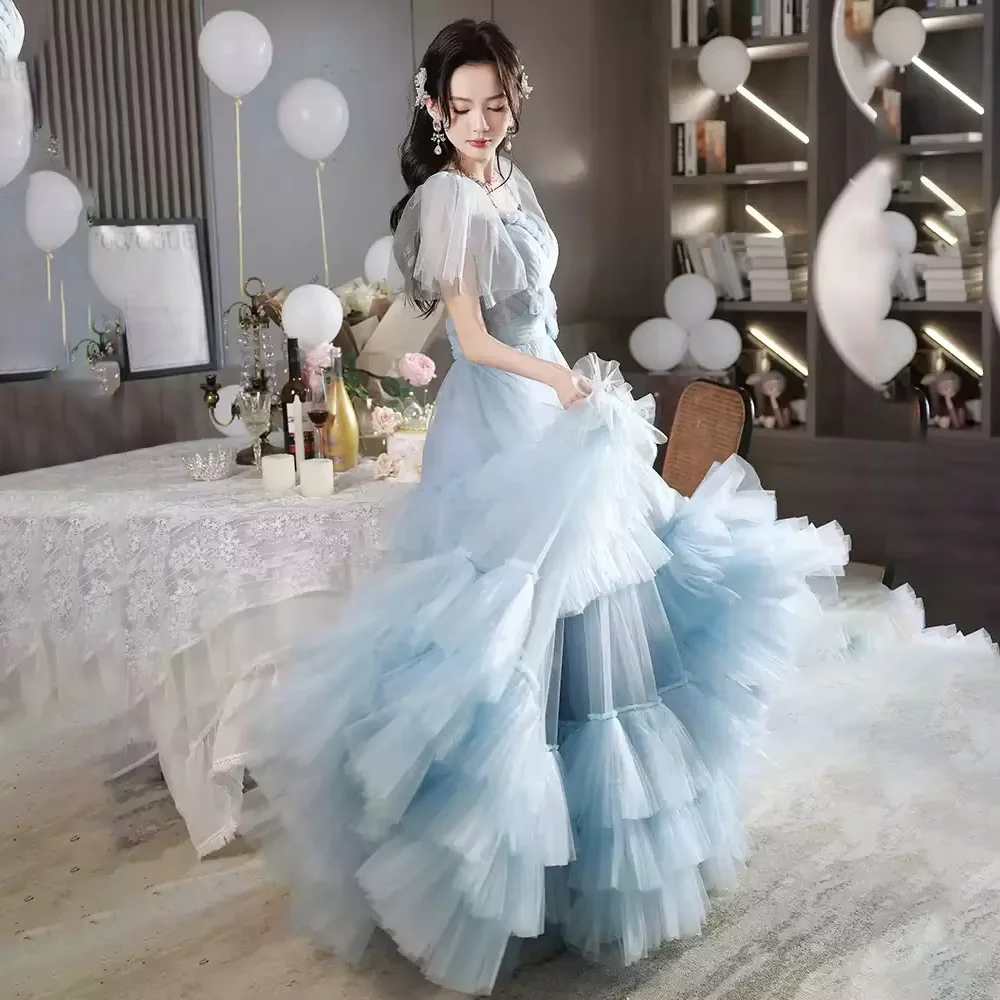 Blaues Abendkleid 2025, Schichten, Tüll, Ballkleider, Schichten, Tüll, Falten, Sommer-Partykleider, Schnürung am Rücken