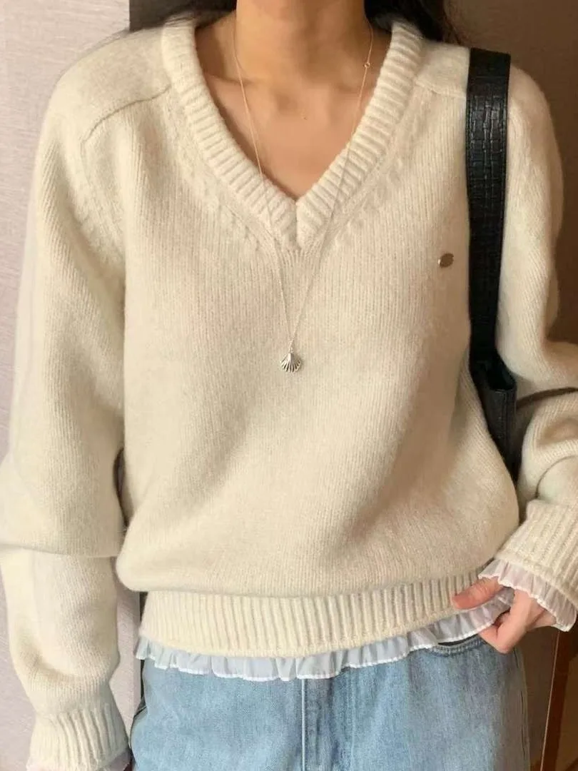 أنيقة الدانتيل تقليم متماسكة سترة V-Ne المرأة الحلو تنوعا تصميم أعلى لطيف لينة الشتاء Faion عارضة شيك Sle