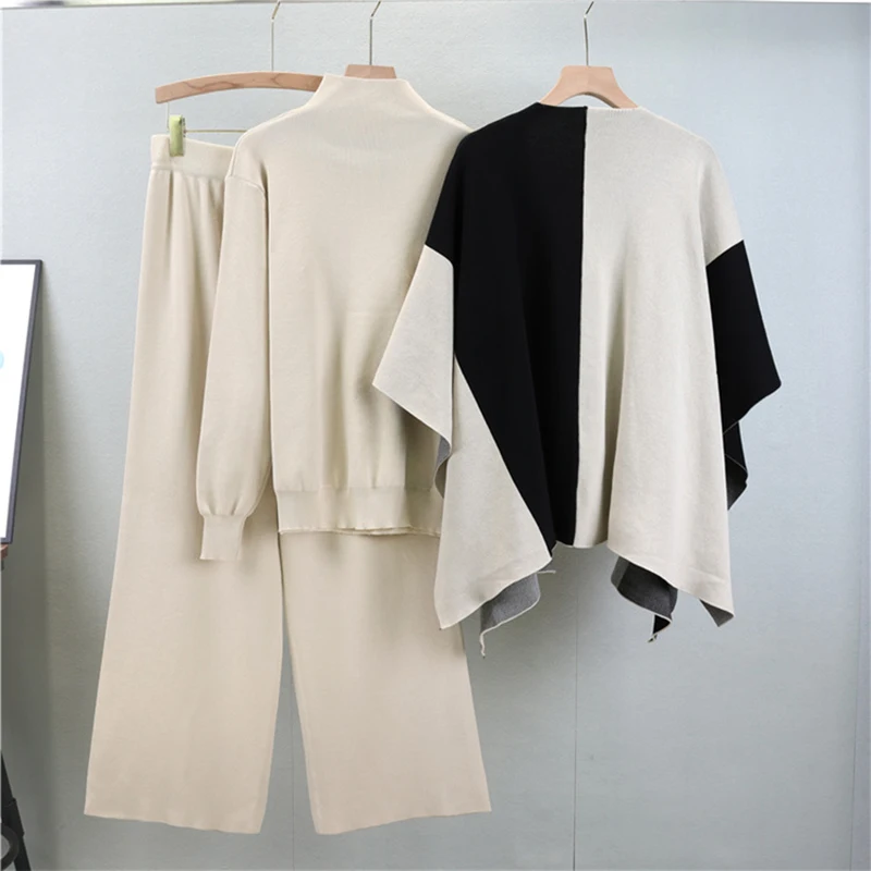 Casual Long Sleeves Knit Top Shawl Pants Suits Elegant Pullover Top Contrasting Colors Shawl Wide Leg Pants Three-Piece Sets