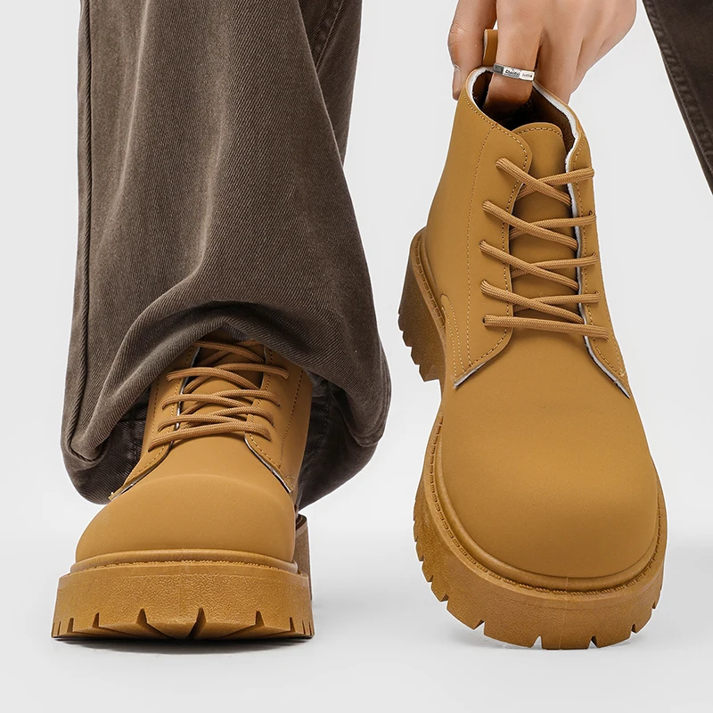 100%Genuine Leather Mens Boots Street Yellow Men's Biker Boots Fashion Design Motorcycle Boots British Casual Outdoor Ankle Boot view 4