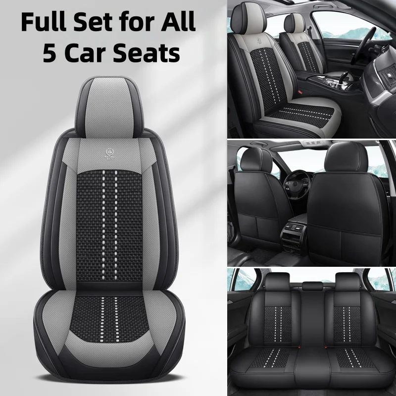 5 Seats in Total, Ice Silk and Pu Leather Car Seat Covers, Universal Fit, Suitable for All Seasons, with 3D Side Support, Classic Color Options Available, Suitable for Sedans, Suvs, Trucks and Other Vehicle Types
