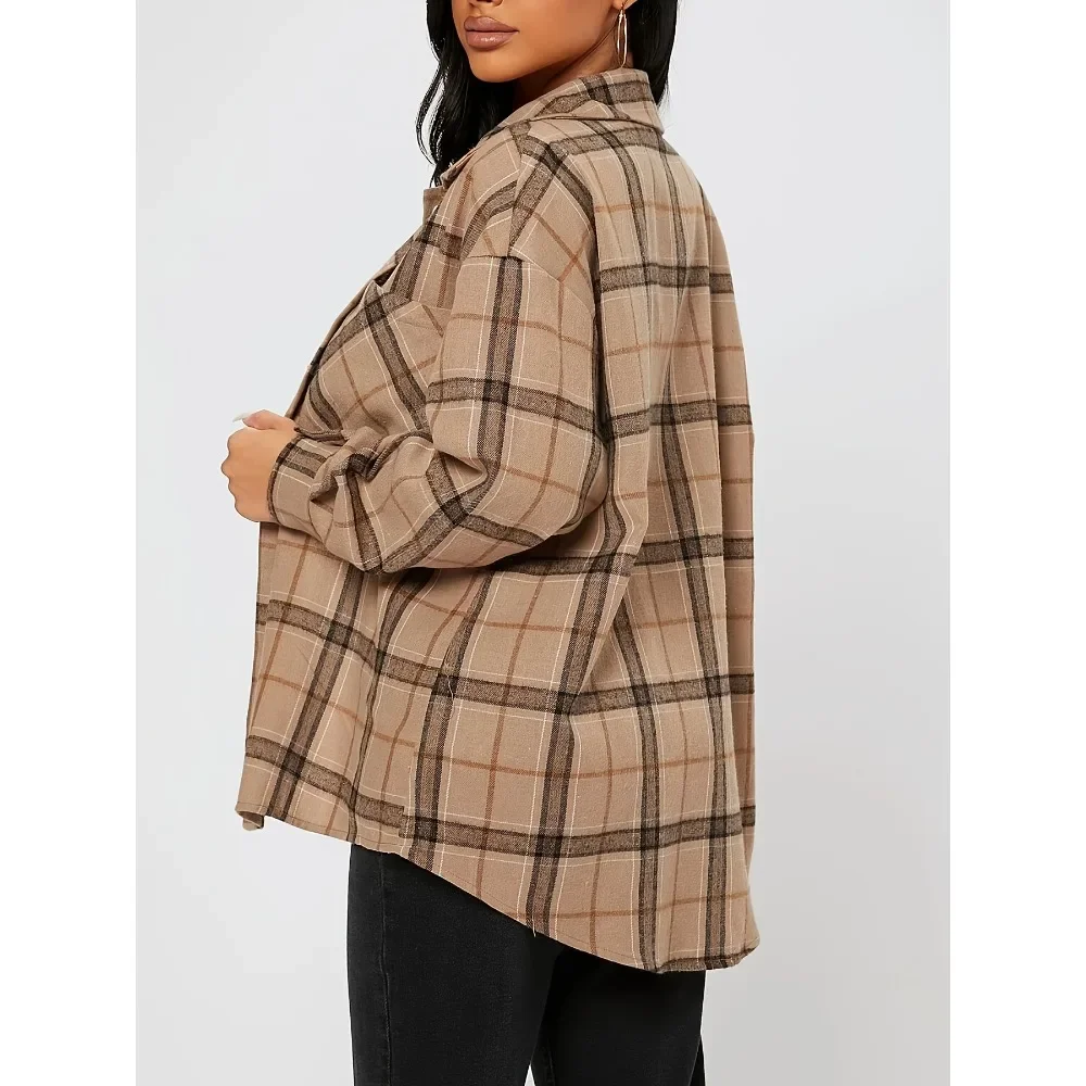 Plus size 1xl-5xl moda feminina xadrez-impressão carcela com lapela gola camisa senhoras casual mangas compridas blusa camisa topo