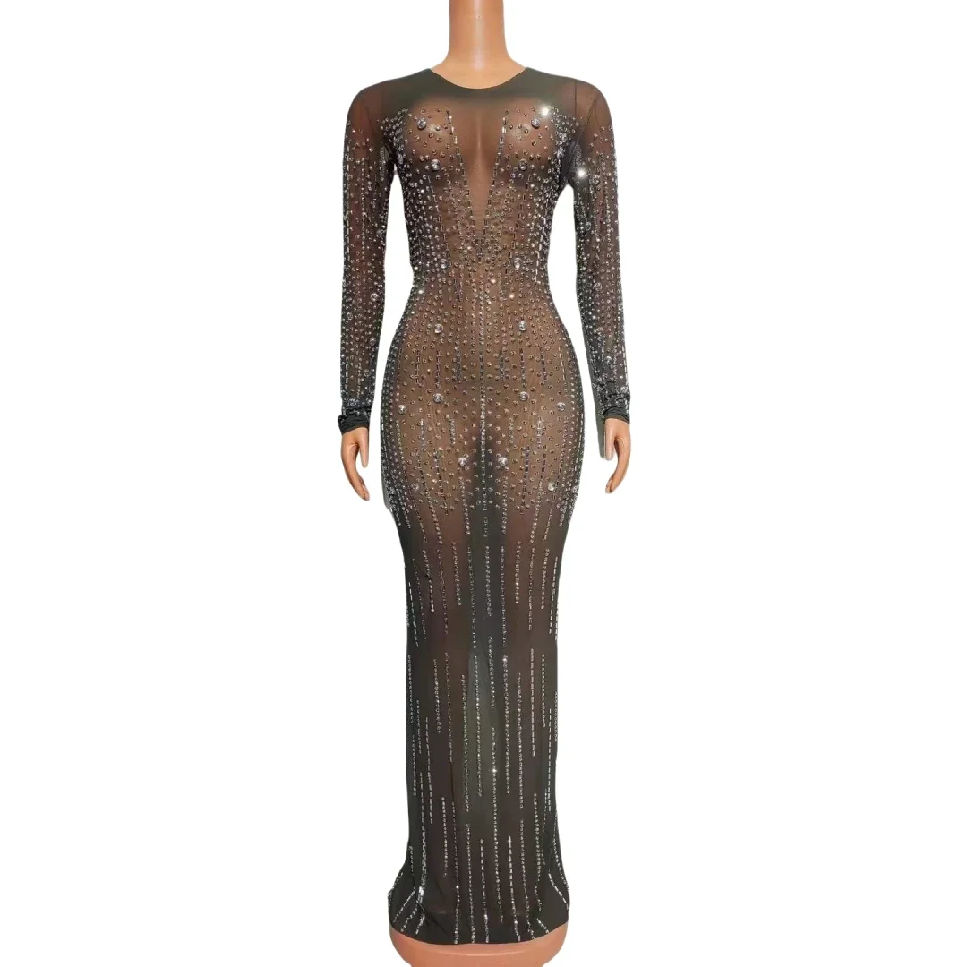 

Black Sheer Mesh Stretch Floor Long Length Dress For Women Glitter Rhinestone Dressy See Thru Drag Queen Costume 2024 Celebrate