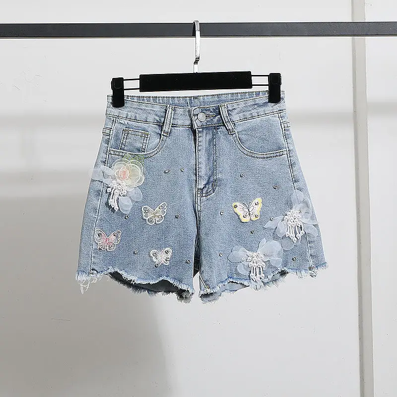 

Stereoscopic Flower Denim Shorts for Women 2026 Summer New Casual Loose European Style Jeans Pockets Versatile Blue Pants