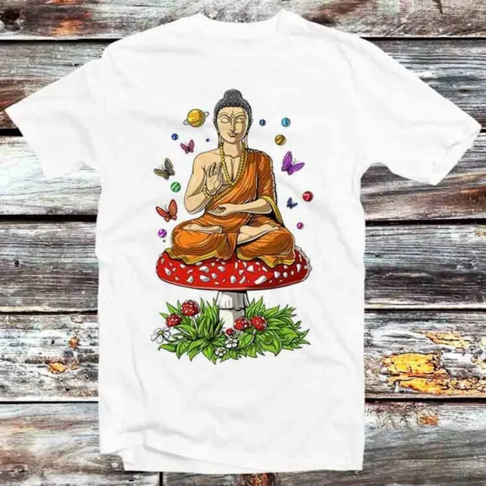 

Футболка Magic Mushrooms Godess Buddha Butterfly Zen Om Yogas, винтажная футболка в стиле ретро, мужская и женская футболка унисекс с героями мультфильмов аниме