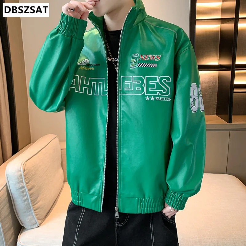 

2023 Spring Men's PU Leather Jacket Streetwear Fashion Letter Flocking Single Breasted Shirts Collar Varsity Baseball Coat