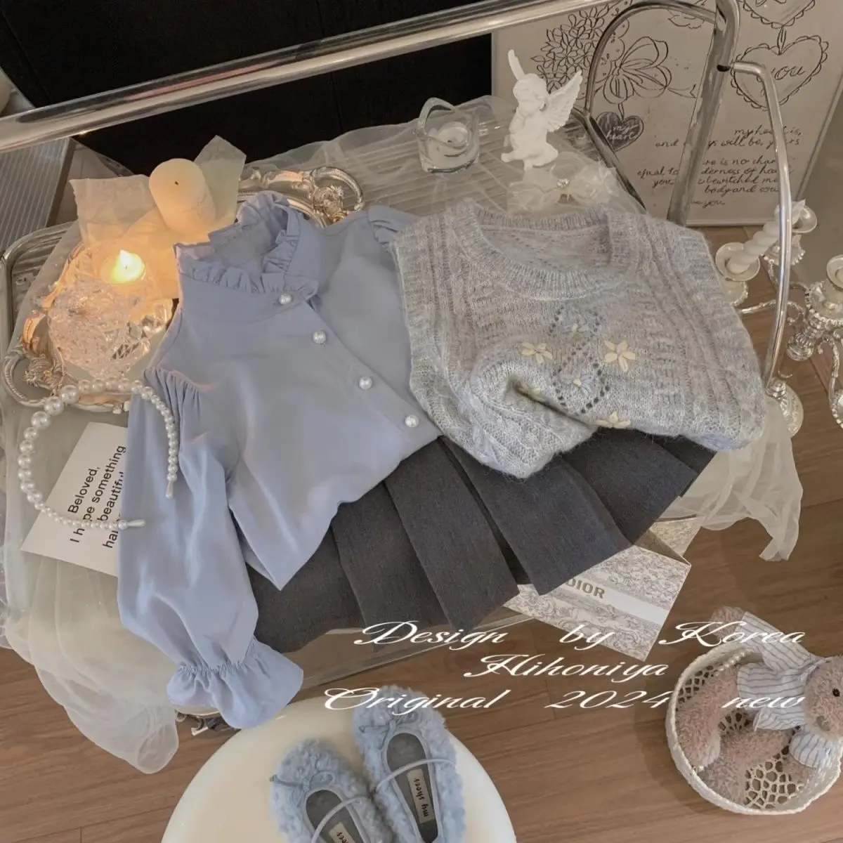 Autumn Winter Warm Floral Knit Vest Sweater +Shirts+Pleated Short Skirt 3Pcs Suits Set Kids Jackets Princess Children Outfits