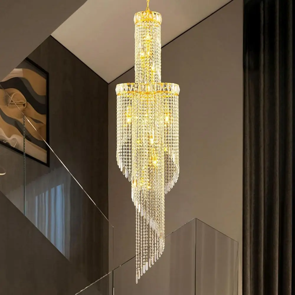 

73-Inch Spiral Crystal Beaded Strands Chlier or High Ceiling, 9-Lights Luxury Gold oyer Pendant Light, ern Semi-lush Mount Ceili