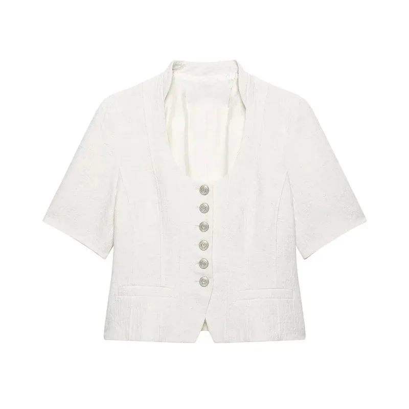 Women Minimalist Outfit 2026 Summer New White Jacquard Short Sleeve Blazer Socialite Style Elegant