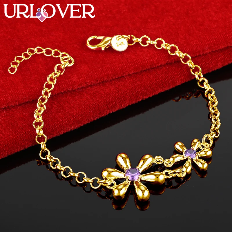 

URLOVER 24K Gold Bracelet Purple Zircon Crystal Flower Pendant Bracelets For Woman Party Wedding Fashion Jewelry Birthday Gift