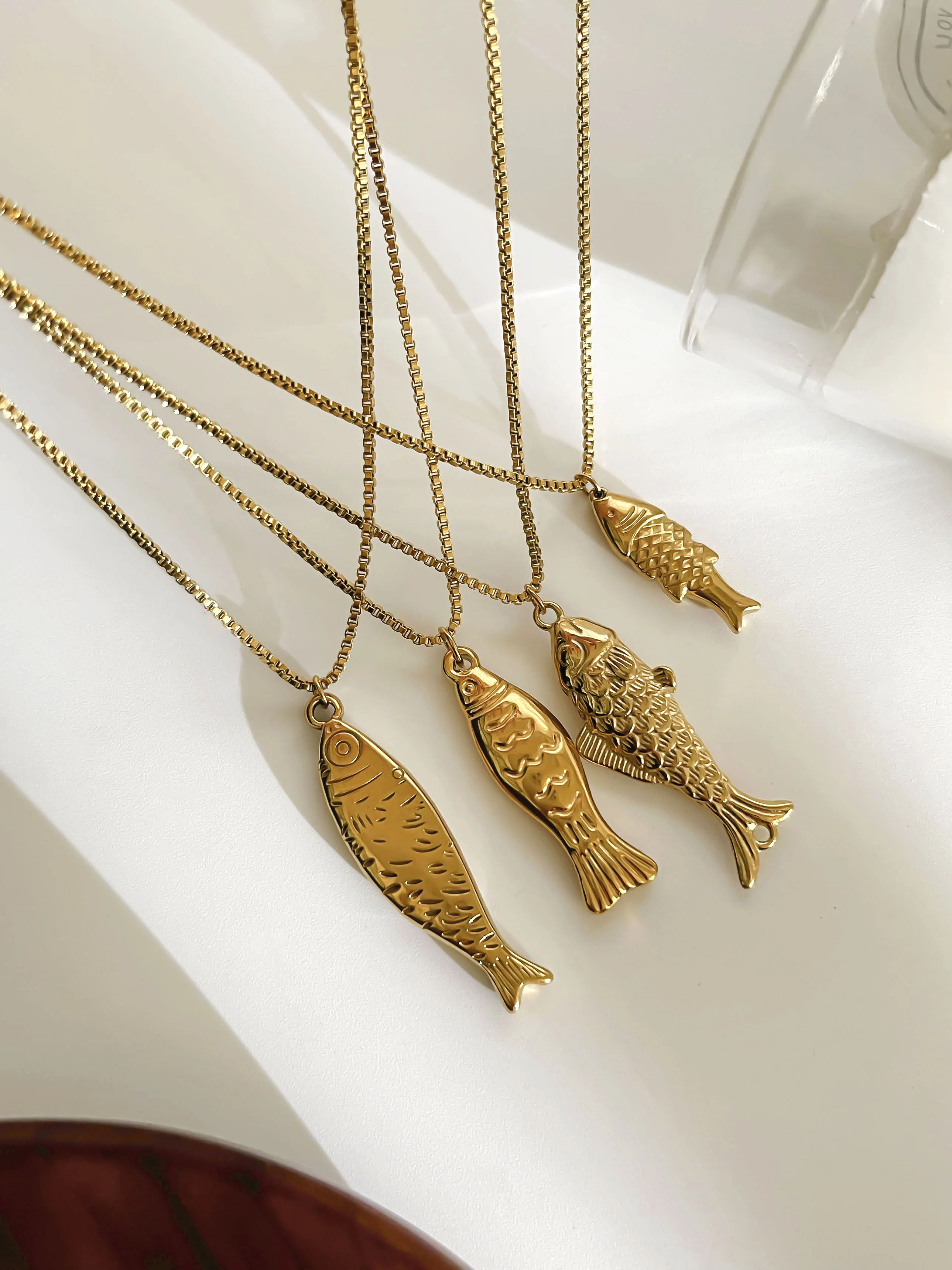 GHIDBK Trendy 4 Designs Stainless Steel Gold Plated Small Fish Pendant Necklaces for Women Waterproof Beach Party Jewelry Summer image 5