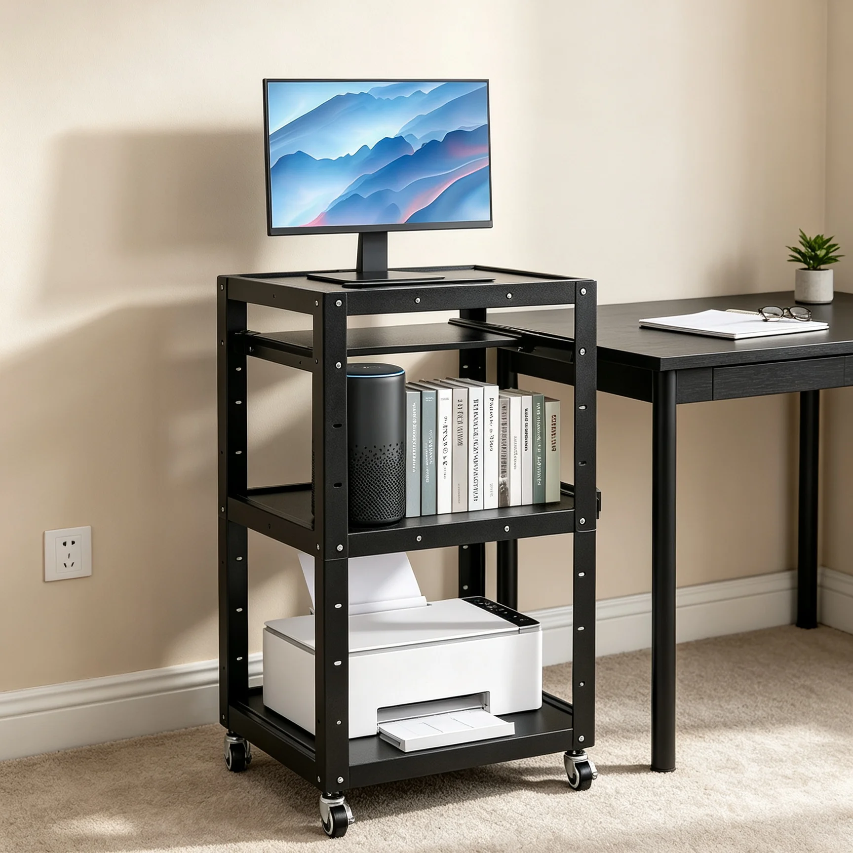 AV Cart Work From Home Essentials Computer Stand Black 4 Shelves Mobile AV Cart with Pull-out Keyboard Tray Height Adjustable