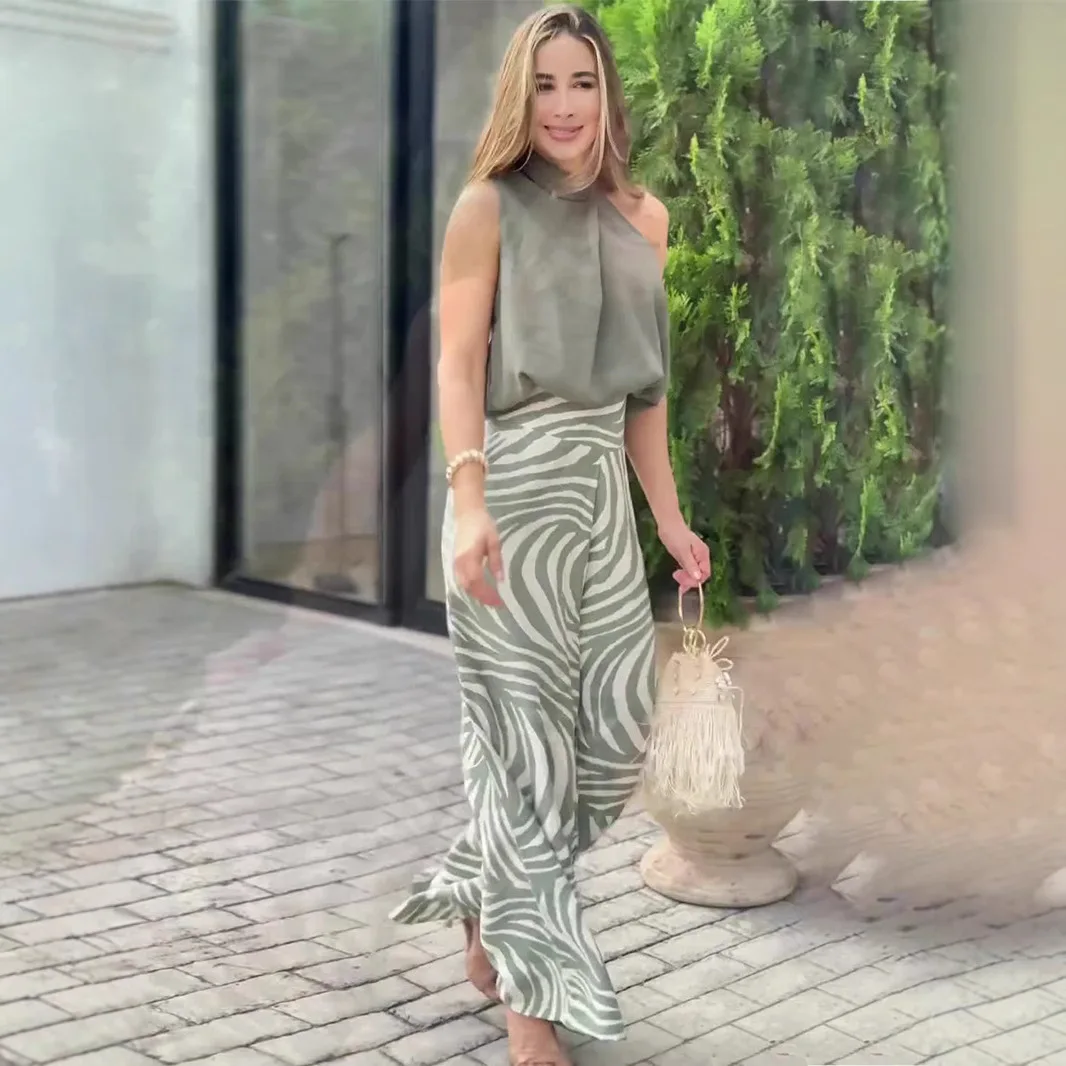 Summer Sleeveless Hanging Neck Top Wide Leg Pants Fashionable Two-piece Set Women's Casual Solid Color Top Printed Pants Set