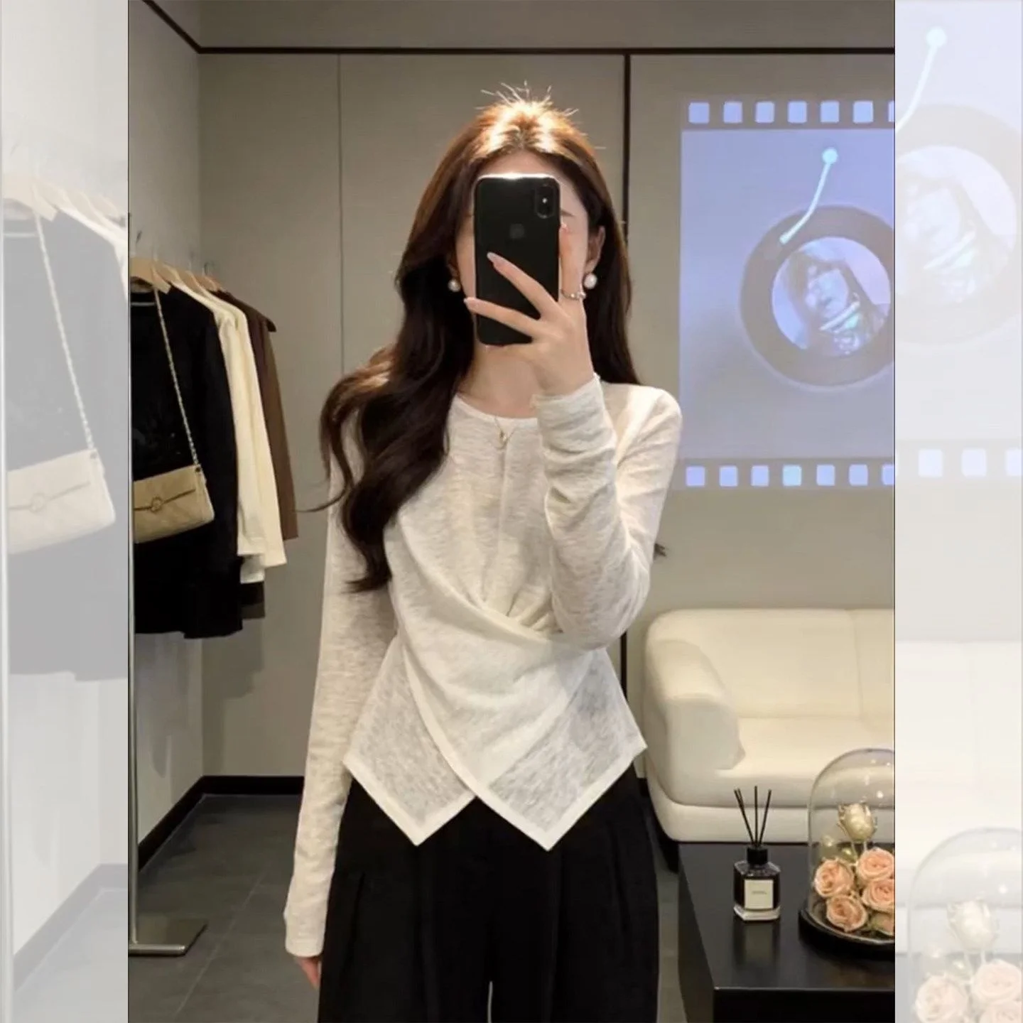 Chic Korean Style Long Sleeve White T-Shirt Women's Spring Summer Fashion Design Beautiful Split Regular Fit Cotton Top