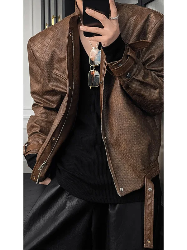 

American Retro Plaid Design Leather Jaet Men's ort Motorcycle Jaet Autumn Winter Cool Top Polyester Fiber Long Sve