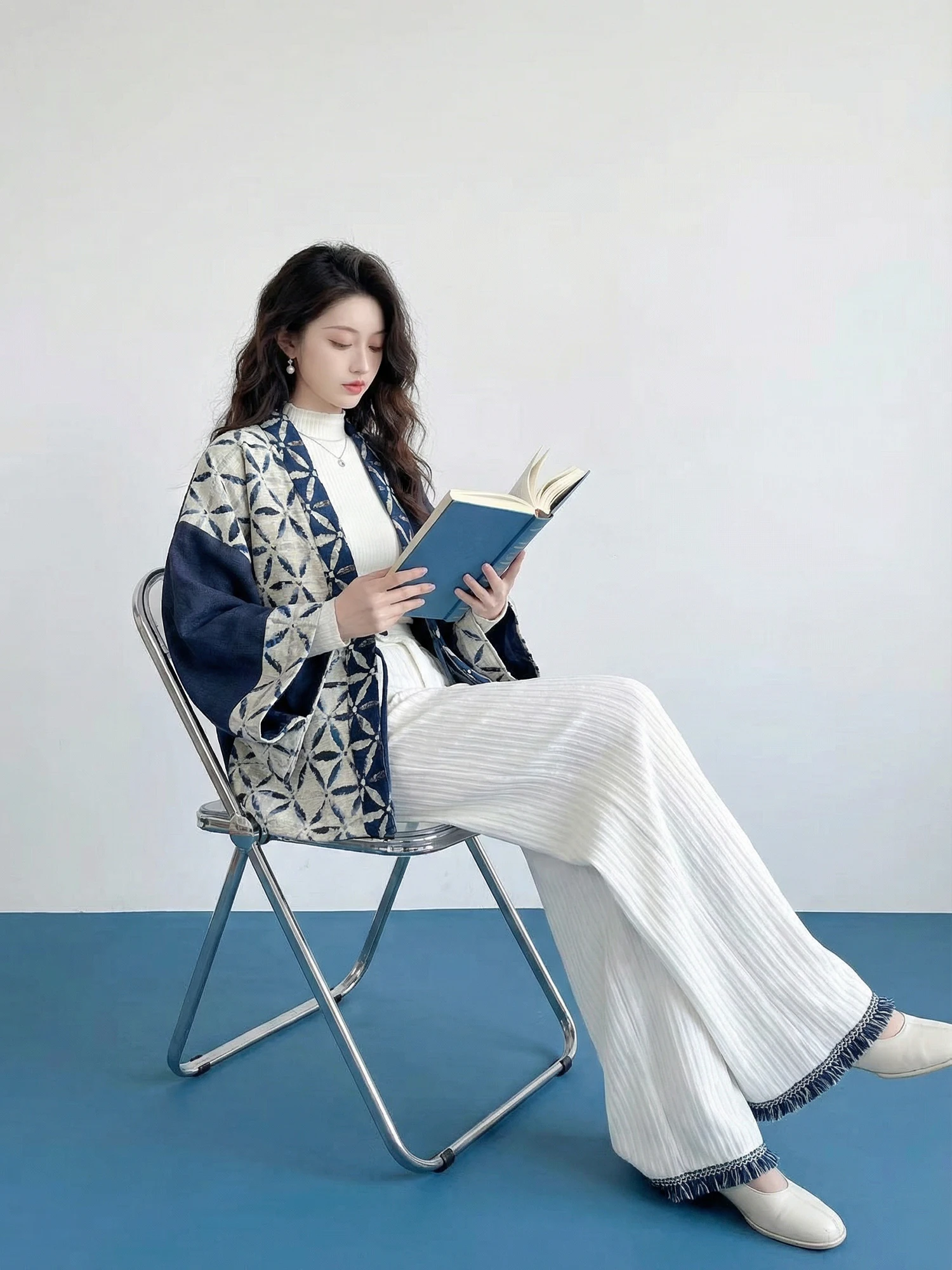 

Женский костюм XiaoLu Water Improved Hanfu: брюки с широкими штанинами, бамбуковым узором и вставками, синий, для повседневной носки, комфортный