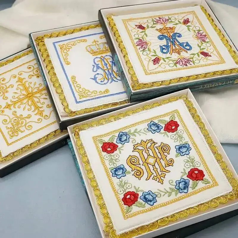 Fil de soie croisé catholique, 4 pièces, gaze brodée, tissu à neuf plis, JS, cérémonie de masse du père, tissu de coussin pour gobelet Saint européen